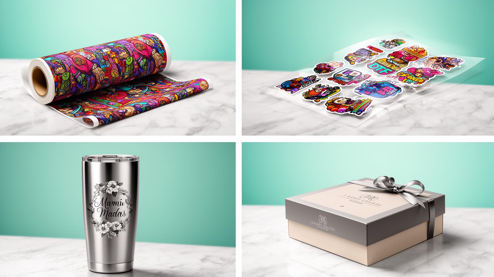 Timeless Wish products: DTF printing roll, UV DTF decals, personalized tumbler and custom gift box